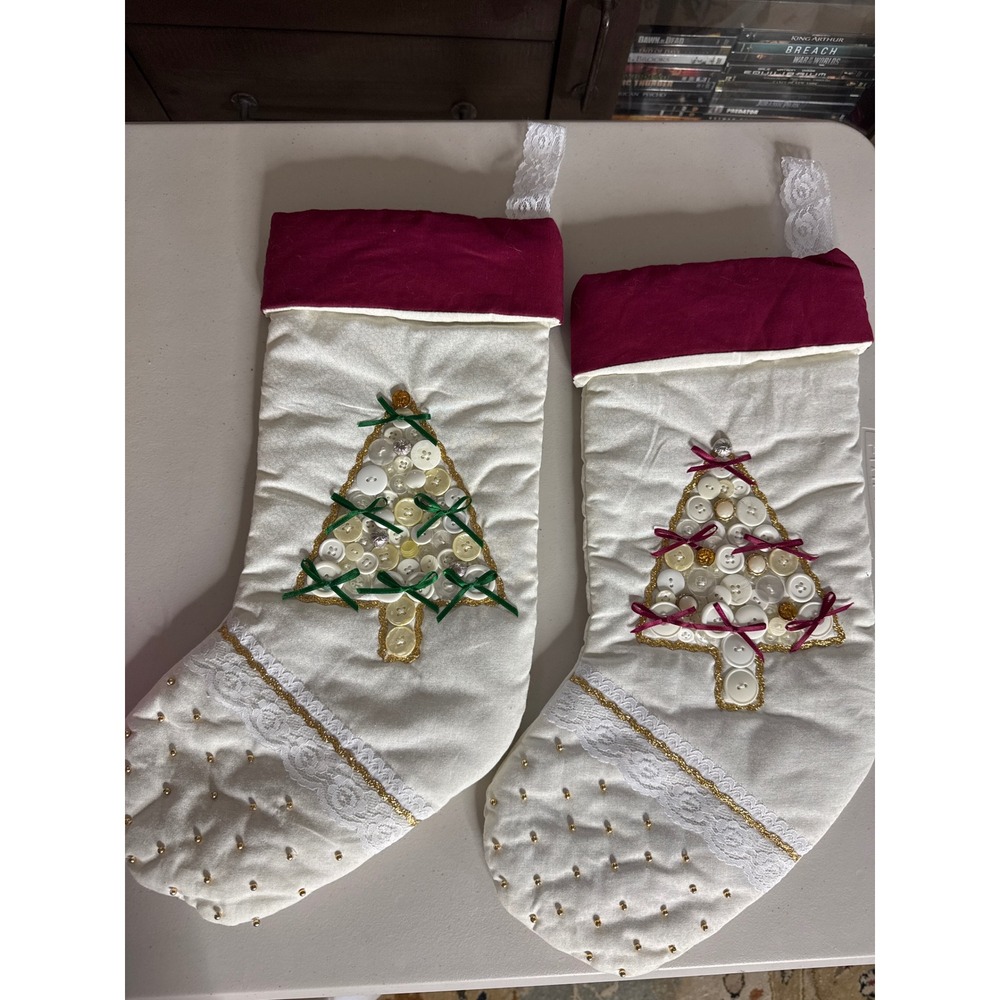 Handmade Quilted Christmas Stockings Set of 2 Button Tree Lace Cream Burgundy